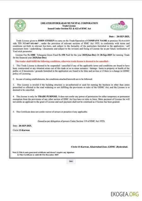 Modèle Word et PDF de licence commerciale pour l'Inde à Hyderabad